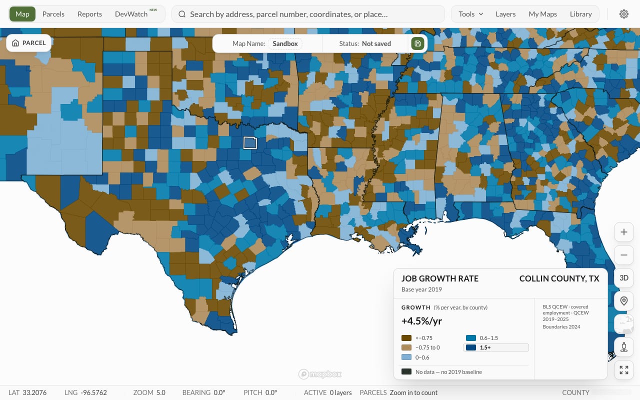 The Land Owl Demographics layer shading counties on the map by population growth.