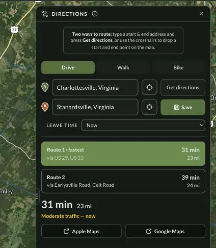 Land Owl map with the Directions panel open: a route drawn on satellite imagery between two Virginia towns, with Drive, Walk and Bike options, start and end address fields, two alternative routes listed with times and distances, a 31 min / 23 mi summary, a moderate-traffic note, and Apple Maps and Google Maps handoff buttons.