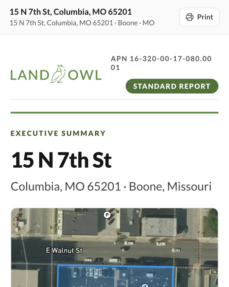 A Land Owl parcel report opened from a shared link: the report header and first sections for a City of Columbia–owned parcel at 15 N 7th St, Columbia, Missouri.