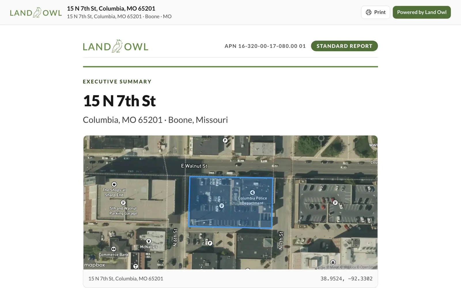 A Land Owl parcel report opened from a shared link: the report header and first sections for a City of Columbia–owned parcel at 15 N 7th St, Columbia, Missouri.