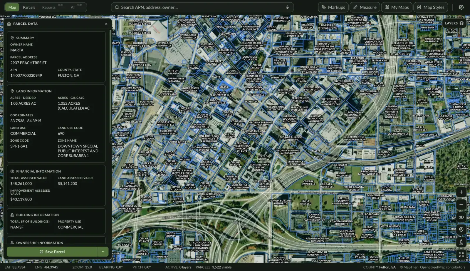 Land Owl map showing parcels, data panel, and layers