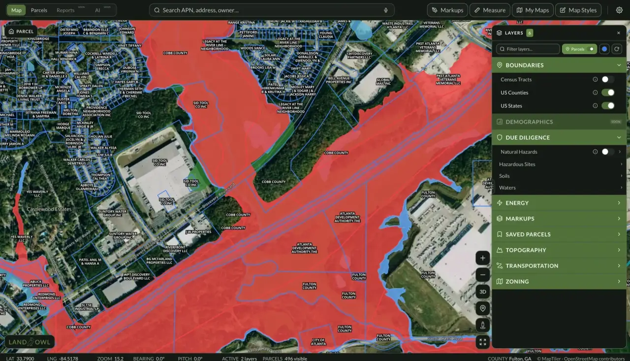 Land Owl interactive map showing US parcels with county data