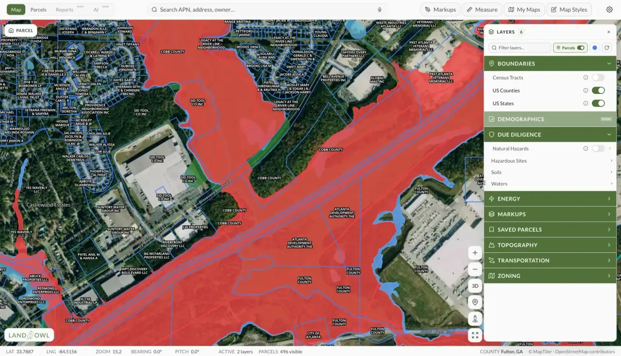 Land Owl interactive map showing US parcels with county data